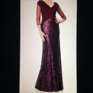 Tadashi Shoji  Burgundy Sequin Lace Ruched Tulle Bodice Dress Gown Size 2
